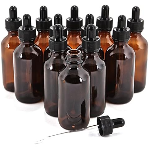12, Amber, 2 oz Glass Bottles, with Glass Eye Droppers Cover