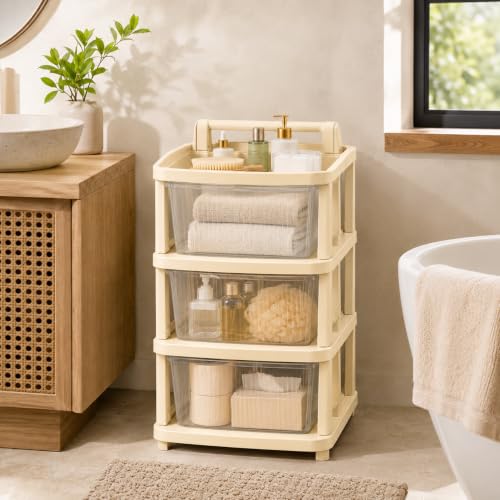 Image of Heavy Duty Plastic Storage Drawer with Wheels | Modular Cabinet for Bedroom, Office, Home or Classroom| Chest of Drawers Organiser for Cosmetics, Kitchen items, Toys (White Transparent, 3)