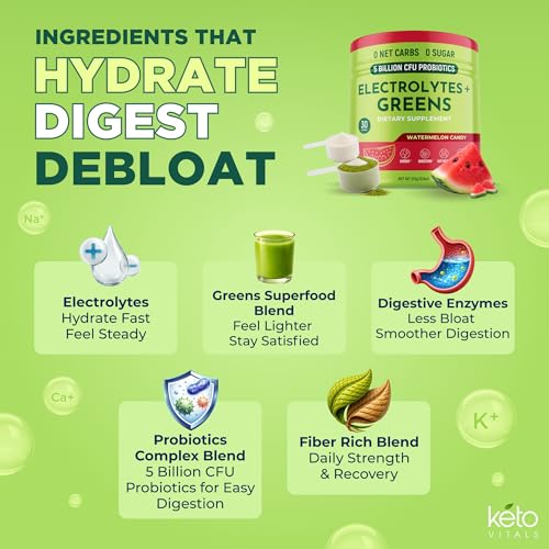Image of Keto Vitals Greens Powder Plus Electrolytes - Daily Super Greens Powder with Superfoods - Green Drink with Sugar Free Electrolytes for Hydration, Gut Health & Digestion, Watermelon Candy - 30 Servings