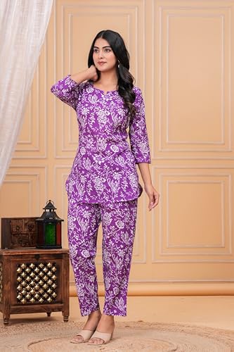 Image of MEERA FAB Women Printed V-Neck Pure Cotton Tunic with Trousers Co-Ords Set