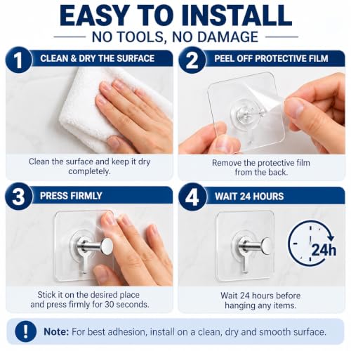 Image of Zista Self Adhesive Wall Hooks Heavy Duty, Pack of 10 | Transparent Sticky Hooks with Stainless Steel Hanger | Waterproof No Drill No Nail Hooks for Bathroom, Kitchen, Home & Office