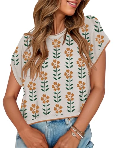 Image of ZESICA Women's Summer Trendy Knit Top 2026 Floral Print Short Sleeve Crewneck Loose Fit Sweater Vest Going Out Clothes