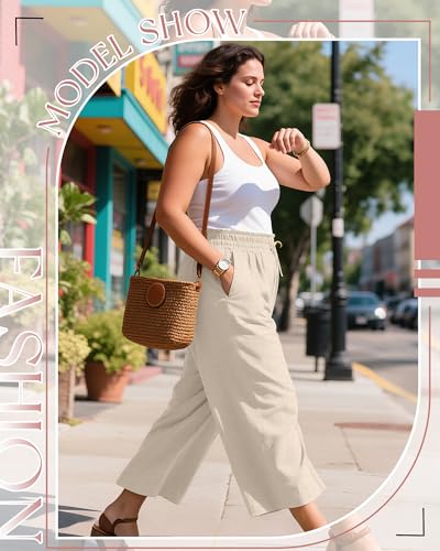 Neer 2 Pack Women's Plus Size Linen Capri Pants Wide Leg High Waisted Drawstring Lounge Palazzo Casual Trousers with Pockets4