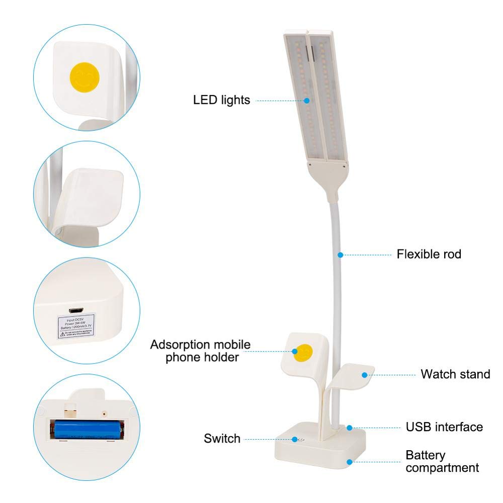 RajoNN Lámpara de Mesa Lámpara de Escritorio LED de Doble Cabezal Recargable por USB, Interruptor táctil Regulable Continuo, lámpara de Mesa, protección para los Ojos, luz de Lectura, Soporte para
