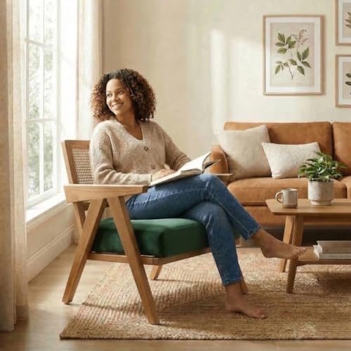 Image of Kingsman Furnitures ABEL Rattan Teak Wood Accent Arm Chair for Home Bedroom, Living, Dining, Drawing Room | Ultra Soft and Comfortable for Stress Free | Removable Cushion (KF-Bronx-ForestGreen-Velvet)