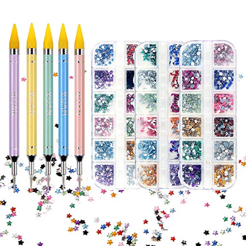 BQAN Nail Decoration Kits - 5 Pieces Wax Nail Rhinestone Picker Dotting Pen and 3 Boxs Nail Art Flatback Rhinestones
