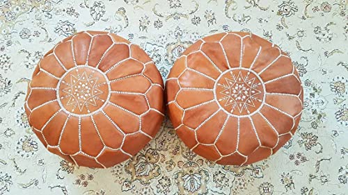 Ottomanmarrakech Genuine Unstuffed Tan Round Leather Pouf | Moroccan Ottoman Footstool, Footrest Cover | Super Soft Handmade Ottoman Pouf Comes In 20X20X14 Inches #TOP6