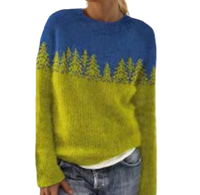 Women Casual Lightweight Vintage Fair Isle Print Retro Sweater Loose Crewneck Long Sleeve Pullover Tops