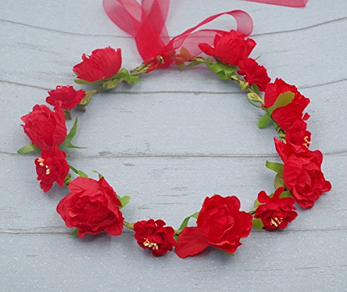 Merroyal Rose Flower Hair Crown Wreath Headband Headdress with Adjustable Ribbon for Weddings Festivals(Red)