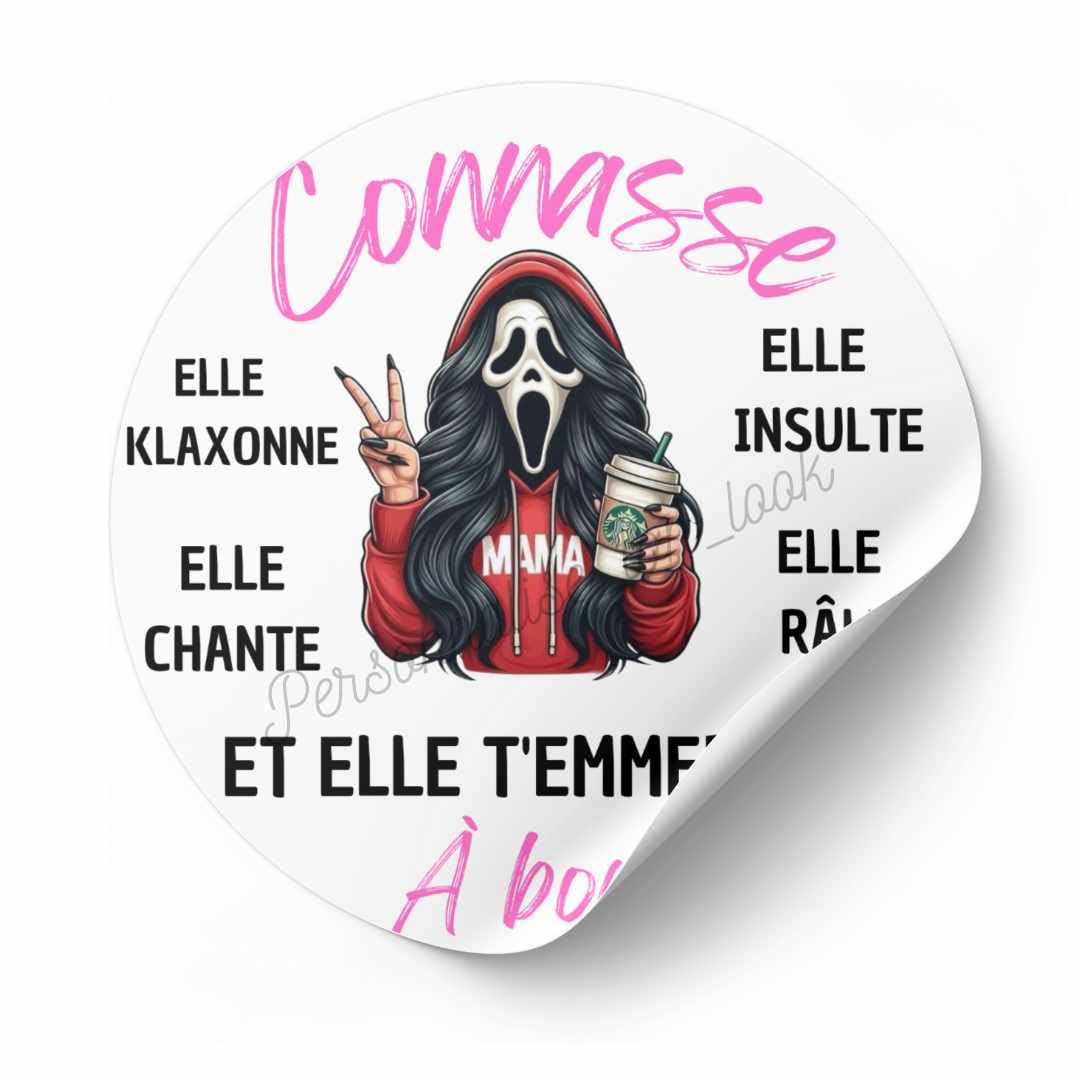 Sticker voiture humoristique Connasse à bord autocollant rond humour véhicule