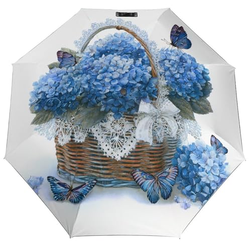 Hortensias bleus parapluie pliant 3 volets avec motif dentelle papillons