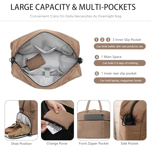 Travel Duffel Bag, Puffy Sports Tote Puffer Gym Bag with Toiletry Bag & Shoes Compartment, Quilted Weekender Overnight Bag for Women (Brown)3