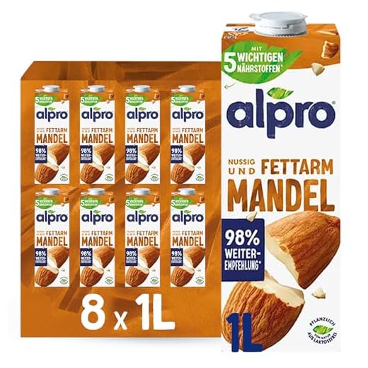 Alpro Mandeldrink Original – Geröstet – Quelle von Calcium und Vitaminen – Fett- und zuckerarm, ohne Laktose, vegan und milchfrei – 8 x 1 L – Haltbar