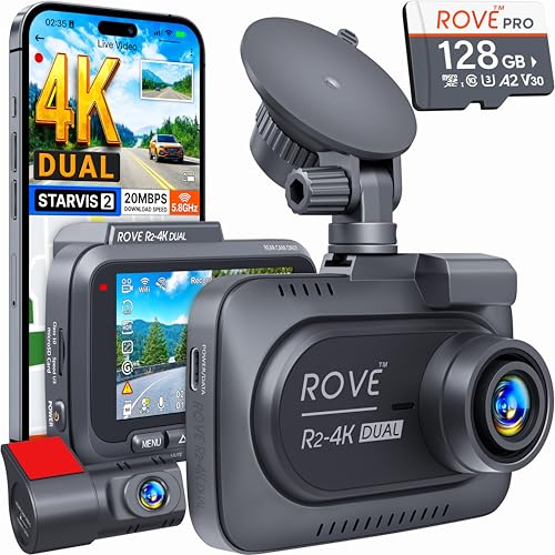 ROVE R2-4K DUAL Dash Cam Front and Rear, STARVIS 2 Sensor, FREE 128GB Card Included, 5G WiFi - up to 20MB/s Fastest Download Speed with App, 4K 2160P/FHD Dash Camera for Cars, 3' IPS, 24H Parking Mode