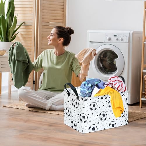 Image of Kids Storage Basket with Soccer Print, 14.5 inch x 10.2 inch x 9.1 inch, Waterproof with Leather Handles, Collapsible Rectangular Bin for Boys Sports Gear, Toys & Laundry