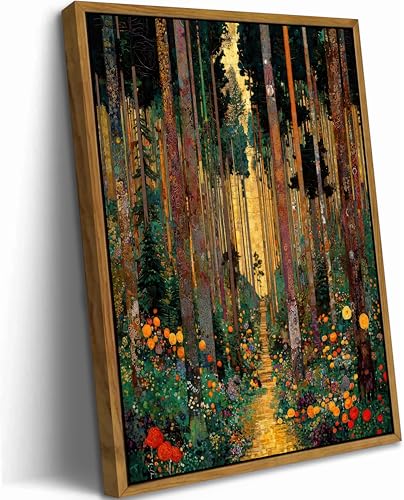 Floating Framed Gustav Klimt Forest Path Canvas Wall Art, Boho Floral Trees Print Poster, Colorful Abstract Nature Wall Decor Picture, for Modern Living Room and Bedroom Home Decoration, 8x10in
