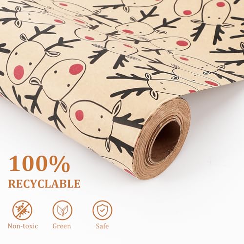 Weihnachtsgeschenkpapierrolle - 43 cm * 15 m, recycelbares braunes Weihnachtsgeschenkpapier, Rentierkopf-Geschenkverpackung für Weihnachten, Geburtstage, Erntedankfest, Hochzeitspräsentdekoration