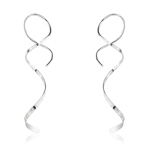 Handmade 925 Sterling Silver Spiral Threader Earrings Hypoallergenic Twisted Curved Drop Dangle Earrings Pull Through Earrings for Women Trendy