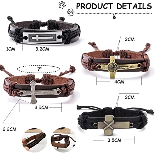 WAINIS 8PCS Braided Leather Cross Bracelets for Men Woven Bracelet Vintage Religious Christian Adjustable Wristband Bracelets Set2