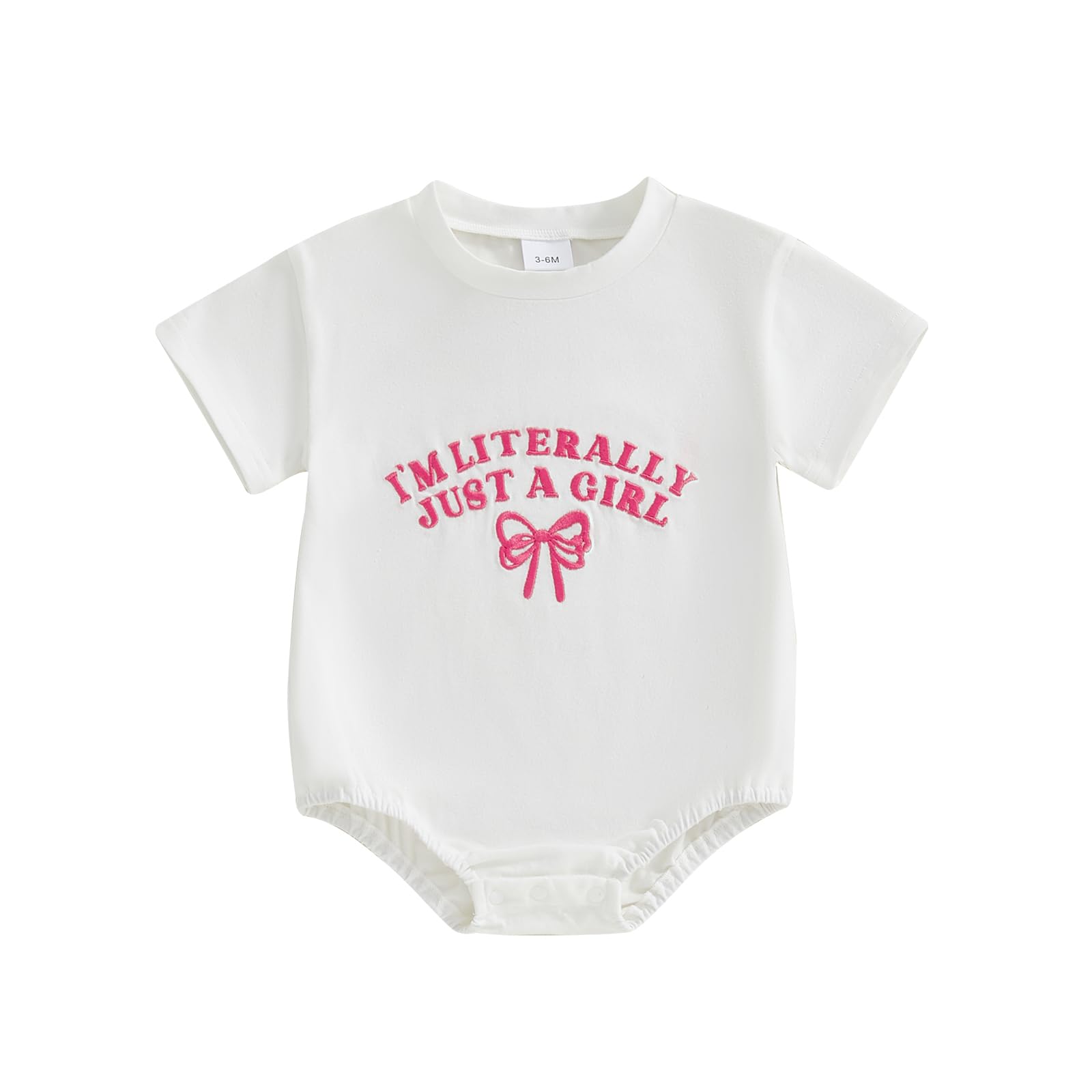 AHUGHAUE Newborn Baby Girl Outfit I'm Literally Just A Girl Bow Embroidery T Shirt Bubble Romper Infant Cute Summer Outfit (White, 0-3 Months)