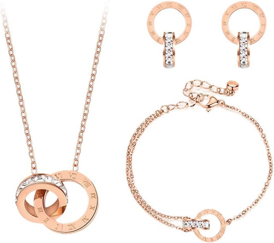Jewellery Set for Women Necklace Bracelet and Earrings Set Double Circle Pendant Cubic Zirconia Round Interlocking Pendant Jewellery gifts for Her Wife Rose Gold