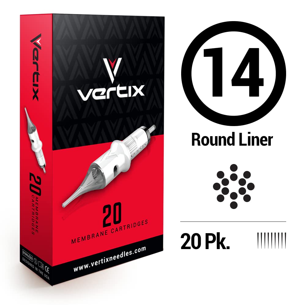 Vertix - 14 Round Liner - Pack of 20 Membrane Tattoo Machine Cartridges - Transparent Detachable Tip, Minimize Tattoo Pen Machine Vibration