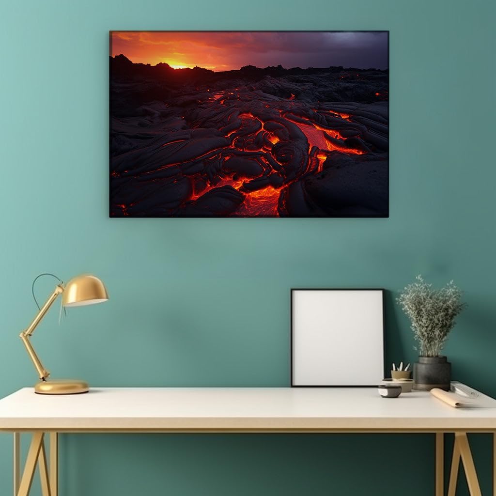 Canvas for Living room. Illuminated Fury: Nature�s Molten River Under a Sunset Sky, 27 x 18 inch Canvas Wall Art - Contemporary Masterpieces - Modern Home Decor - 69x46 cm (27x18 inch)