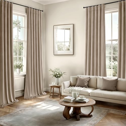 Image of MIULEE Velvet Curtains 50W x 108L 2 Panels Camel Beige Blackout Curtains | Luxury velvet fabric, pinch pleat design, back tab hooks, thermal insulated, blackout light blocking, for living room bedroom