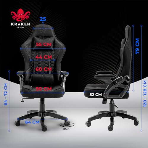 KRAKEN CHAIRS Silla Gaming Tela Transpirable - Negro - Sillas Gamer Reclinable - Ergonómica Silla de Oficina - Regulable en Altura con Soporte Lumbar y Reposacabezas - Cadeiras Gaming para Adulto - imagen 3
