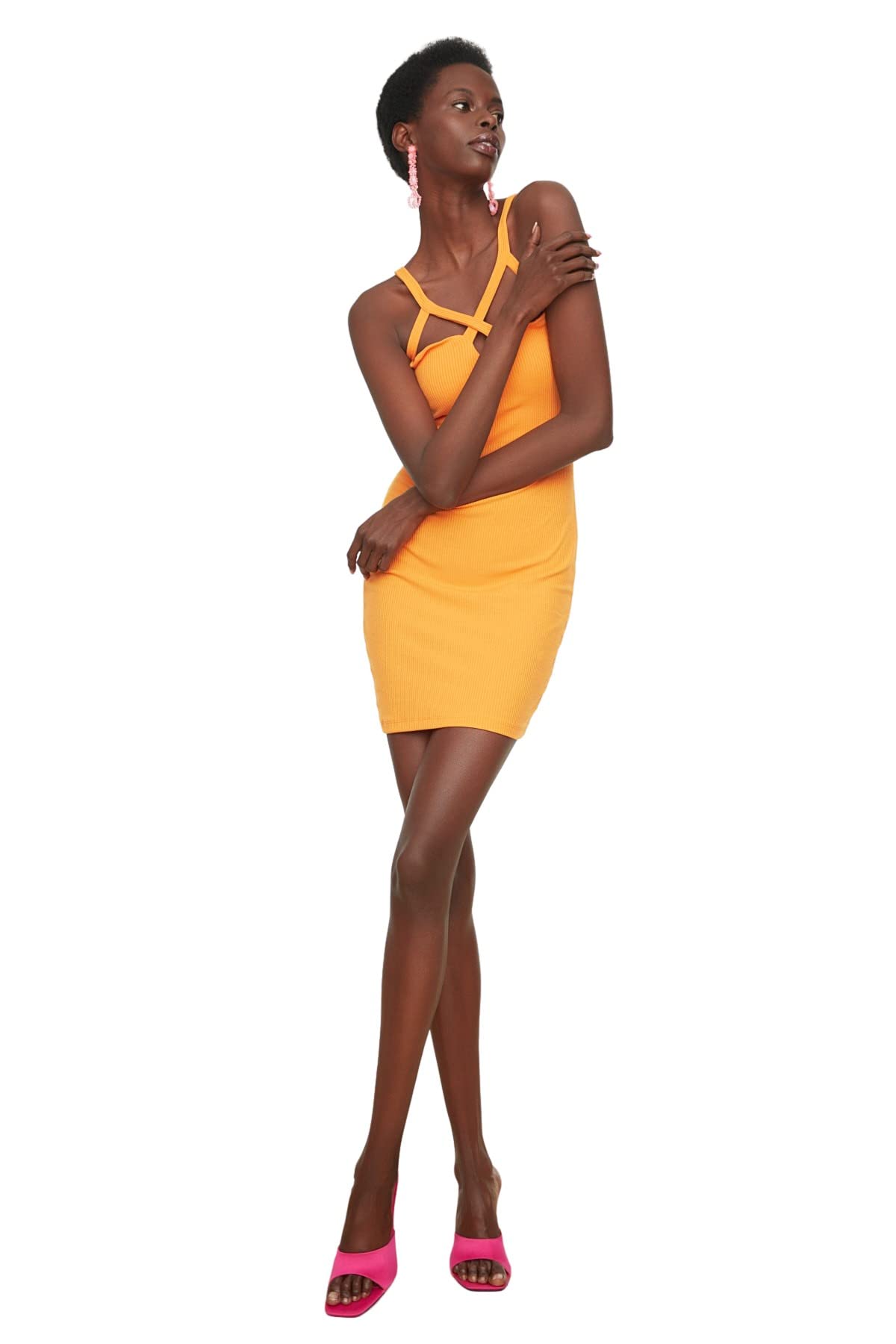 Trendyol Damen Orange Mini Bodycon Regular Dress Kleid, 66