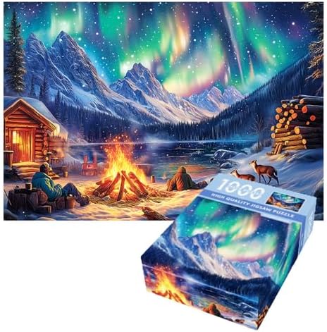 1000 Piece Puzzle for Adults, Aurora Campfire Night Jigsaw Puzzles, Challenging Landscape Puzzles for Home Decor, Adult Puzzle with Letters on Back, Birthday Gift Idea for Jigsaw Lovers