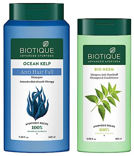 Image of Biotique Bio Kelp Protein Shampoo for Falling Hair Intensive Hair Regrowth Treatment, 340ml & Biotique Bio Neem Margosa Anti Dandruff Shampoo and Conditioner, 180ml