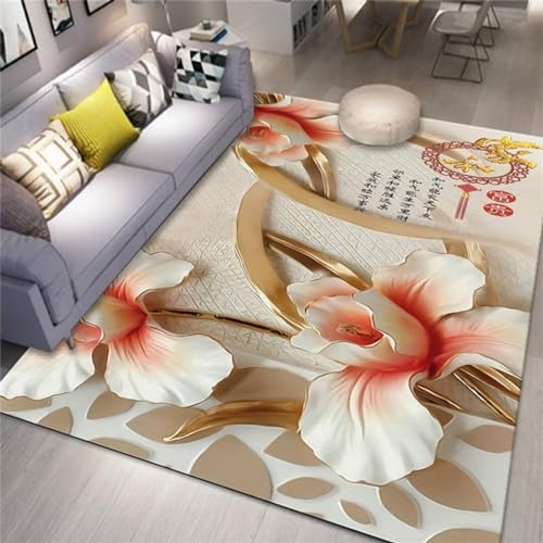 Tapis de salon doux antidérapant à relief floral 3D blanc cassé