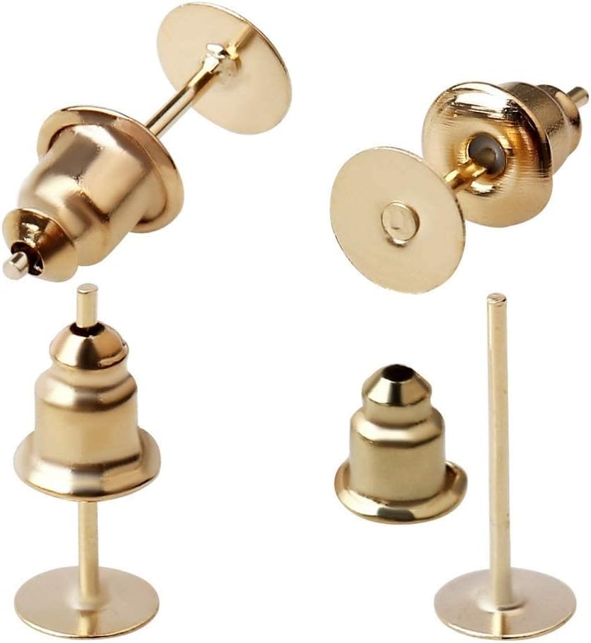 200pcs Earring Posts and Backs, Hypoallergenic Stainless Steel Earrings Posts Flat Pad Blank Earring Pin Studs with Bullet Earring Backs for Jewelry Making Findings DIY Stud Earring(Gold)