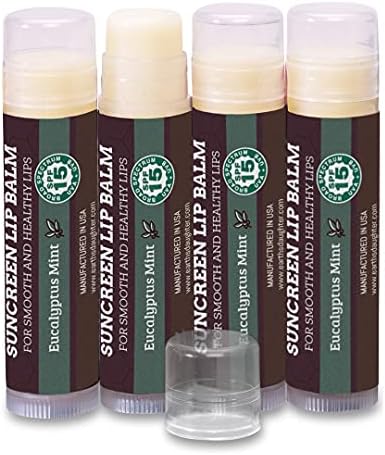 SPF Lip Balm 4-Pack by Earth's Daughter - Lip Sunscreen, SPF 15, Organic Ingredients, Eucalyptus Mint Flavor, Beeswax, Coconut Oil, Vitamin E - Hypoallergenic, Paraben Free, Gluten Free