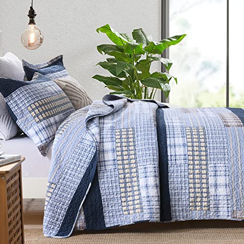 Image of PANGUSHAN Quilt Set Queen Size, 100% Cotton Quilt Bedding Set Bedspreads, Patchwork Plaid Farmhouse Reversible Lightweight Comforter Bed Spread for Queen Bed, Blue, 3 Pieces