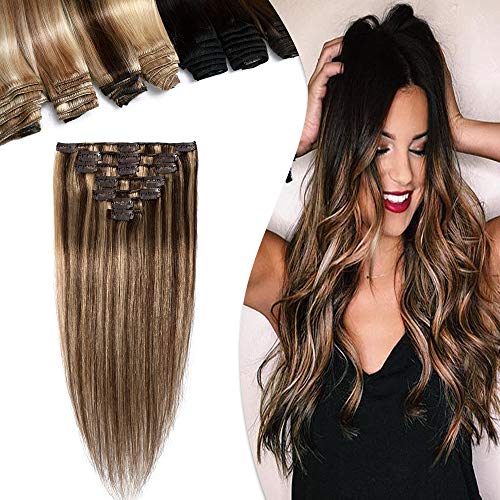 20 Inch Clip in Hair Extensions Remy Human Hair 7pcs 70g Down Medium Brown Mix Dark Blonde