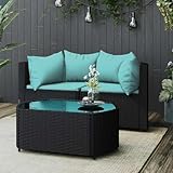 Homgoday Garten-Lounge-Set Elegantes PE-Rattan Design mit Wasserblauen Kissen - Schwarz - Outdoor Tisch- und Stuhlsets, Gartenmöbel Model319807
