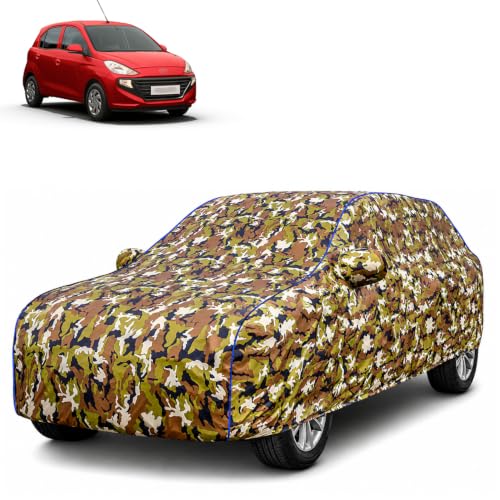 Image of Waterproof Car Body Cover for Hyundai New Santro with Mirror Pocket| Cotton Inner Lining | Triple Stitched | All Weather Protection | Dust, UV & Rain Proof (Camouflage with Blue Piping)