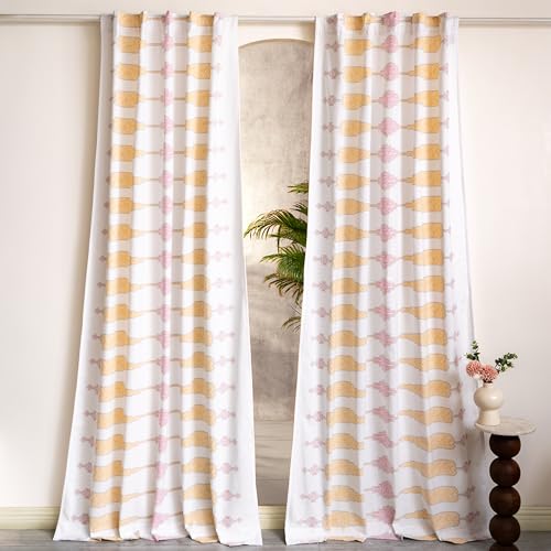 Image of Tranquebar Curtain Co. Window Curtains 5 Feet, 60-65% Room Darkening,Pink-Yellow Geometric Print,Cotton Curtains for Window, Cotton Curtains 5 Feet Long Set of 2, BackTab Loops,Tavi (152 cm)-Set of 2