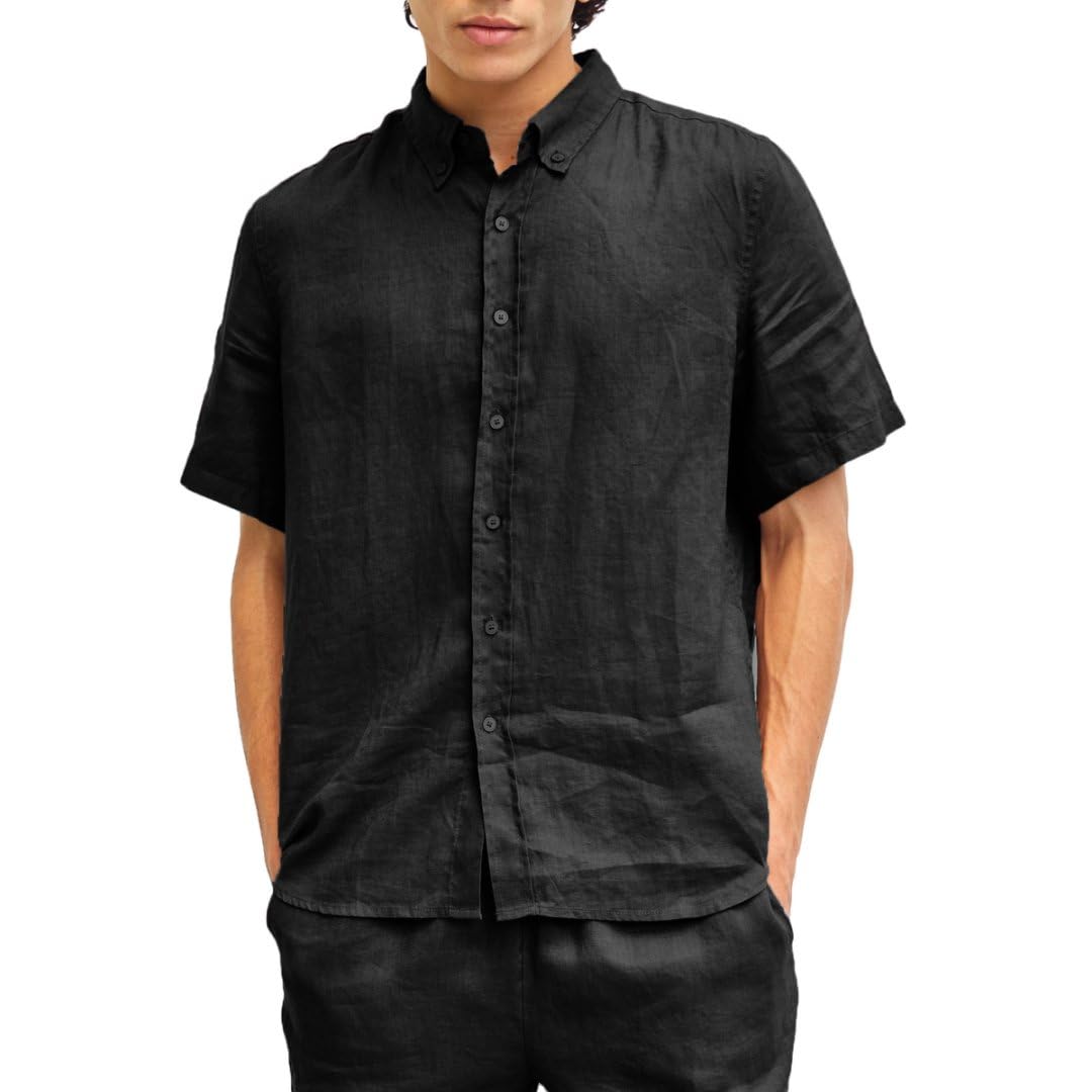 Amazhiyu Men's Linen Short Sleeve Shirt Summer Casual Button-Up Vacation Top