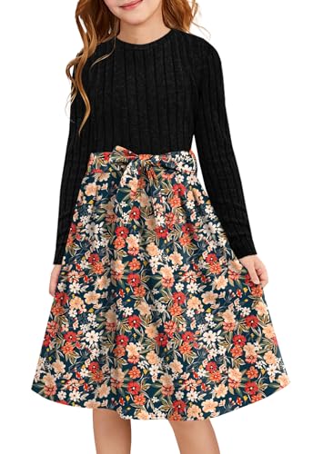 YOVION Girls Fall Long Sleeve Dress Floral A-Line Swing Holiday Casual Knit Dresses with Belt for 6-12 Years
