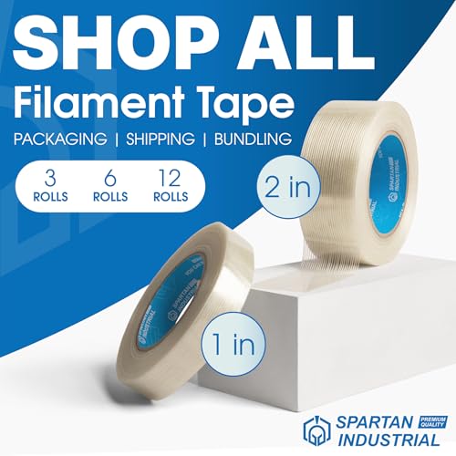 Image of Spartan Industrial - 1 inch X 60 yd Fiberglass Filament Tape - 3 Tape Rolls for Heavy Boxes, Pallets, and More, Durable 6 Mil