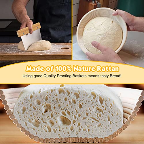Bread Banneton Proofing Basket Set, 10 Inch Round & 9.6 Inch Oval Bread Proofing Basket Natural Rattan Banneton For Sourdough With Dough Whisk + Dough Scraper + Bread Lame + Cloth Liner #TOP1