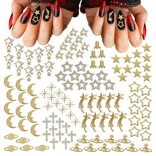 110 Pcs Gold Nail Charms and Gems – Complete Art Kit with Gold Star Nail Charms, Planets, Moon, Crosses & Rocket – Designed for Creating Detailed, Custom Designs with Easy Application