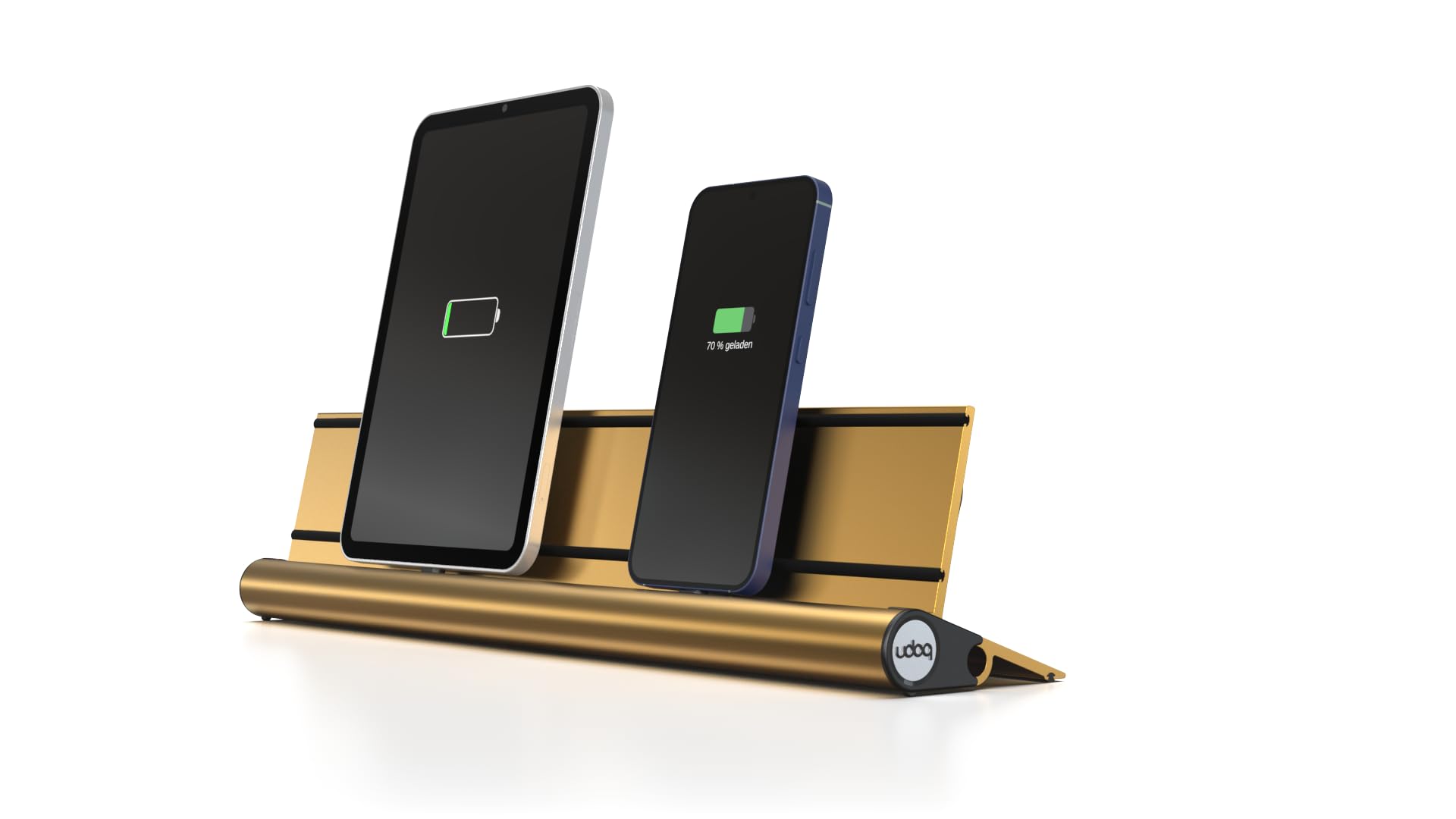 Stacja ładująca USB-C do tabletów i smartfonów, udoq 400, aluminium, z kablem do szybkiego ładowania i ładowarką Power Delivery Charger, złota