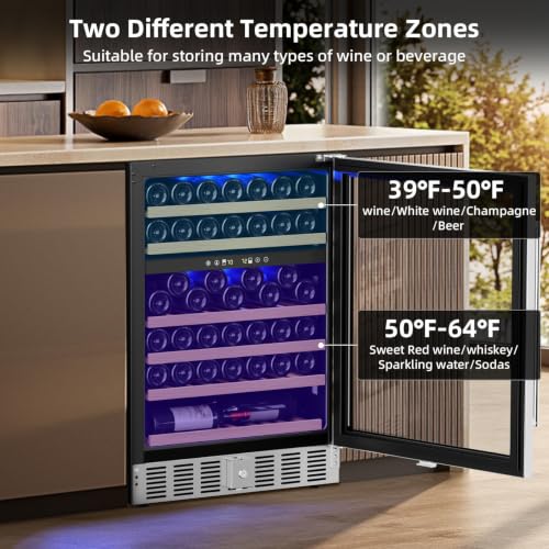 Image of Antarctic Star 24 Inch Wine Fridge Cooler, 52 Bottle Wine Cooler Refrigerator. 39-64F Dual Zone Wine Refrigerator Glass Door, Built in or Freestanding Under Counter Fridge for Home Bar Office