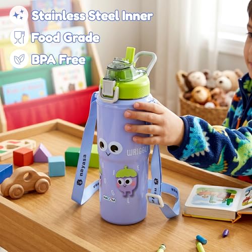 Image of Nayasa Kiddy Duo-Sip Kids Insulated Inner Steel Water Bottle 700-635 ml | Dual Drinking Mode | BPA-Free & Food Grade | Brinjal Print | With Strap, Handle & Neck Band | Lavender