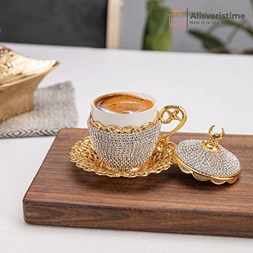 Alisveristime 27 Pc Ottoman Turkish Greek Arabic Coffee Espresso Serving Cup Saucer Crystal Set (Gelincik) - Handcrafted Traditional Set With Hilal Motifs (Gold) #TOP3