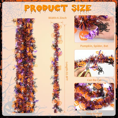 Image of 33 FT Halloween Tinsel Garland Decorations,Orange Purple Black Halloween Garland with Pumpkins, Bat, Spider Shiny Metallic Garlands for Indoor Outdoor Decorations